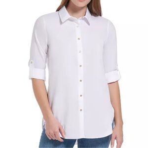 Calvin Klein Women's Non-Iron Tunic Roll Sleeve Shirt In White Size M